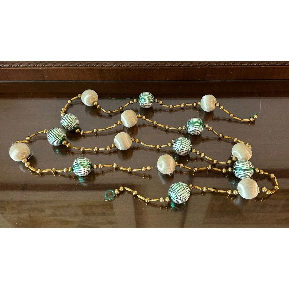 Vintage Christmas Garland Satin Silk Wrapped Balls Green Gold Beads Retro 72''